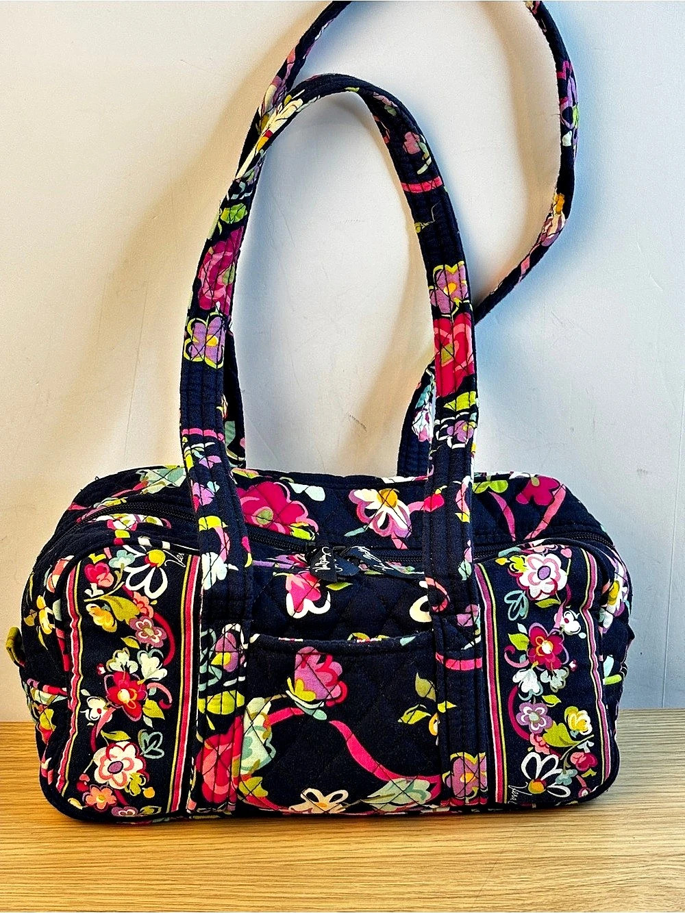 Vera Bradley Retired Floral Ribbons Quilted Double Shoulder Strap Blue & Pink Ba